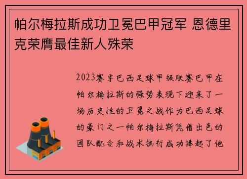 帕尔梅拉斯成功卫冕巴甲冠军 恩德里克荣膺最佳新人殊荣